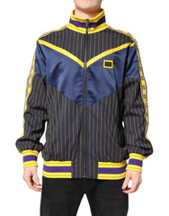Men's Black Striped Logo Full Zip Bomber Jacket Virgin Wool Polyester Nylon Clothing