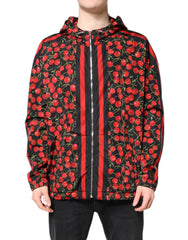 Men's Black Cherry Print Hooded Windbreaker Jacket And Red Polyester Clothing