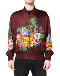 Men's Maroon Floral Print Full Zip Bomber Jacket Silk Clothing