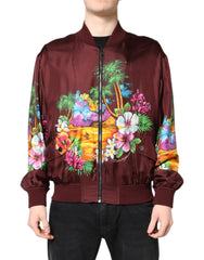 Men's Maroon Floral Print Full Zip Bomber Jacket Silk Clothing