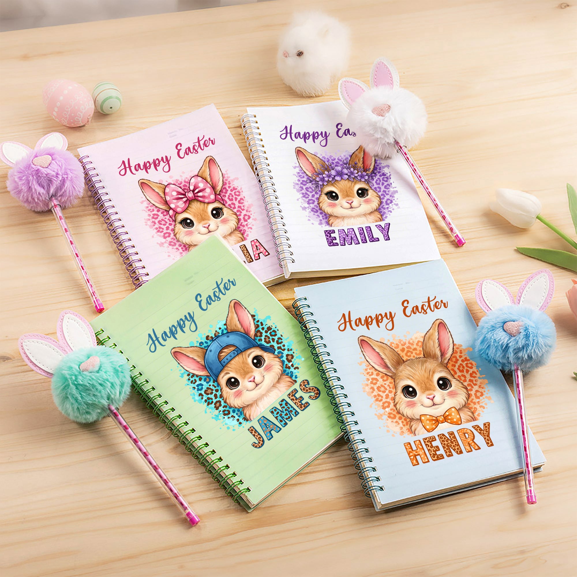 Cuaderno de espiral A5 personalizado Happy Easter Cute Rabbit Leopard Print y set de bolígrafo Pom Puff con páginas rayadas y nombre Regalo de Pascua para niños