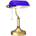 Antique Table Lamp with Bronze Tone Base, Blue Glass Shade and Pull Rope Switch, Blue