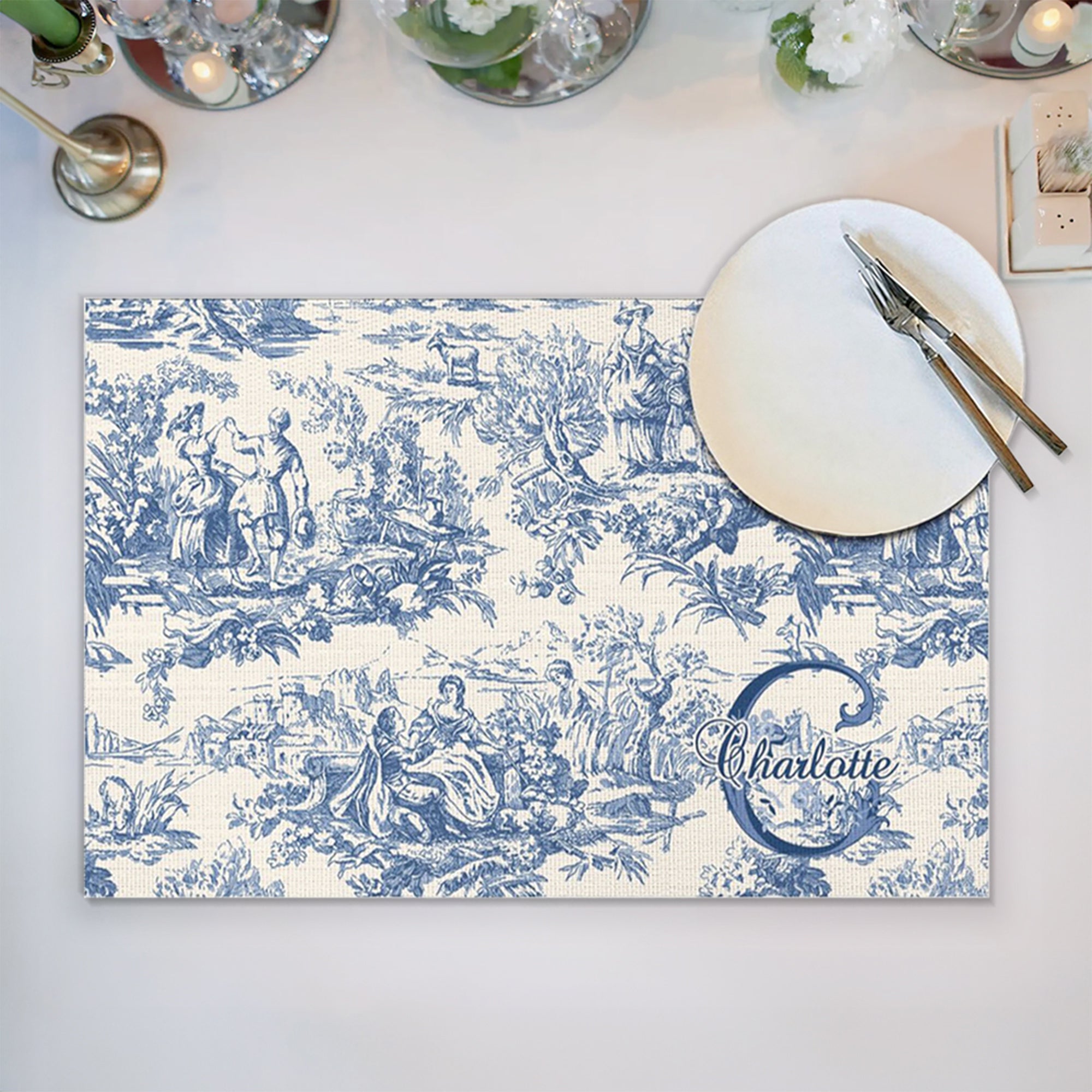 Mantel Individual Personalizado Toile De Jouy con Nombre e Inicial Decoración de Mesa de Comedor Regalo de Cumpleaños de Boda para Familia Parejas