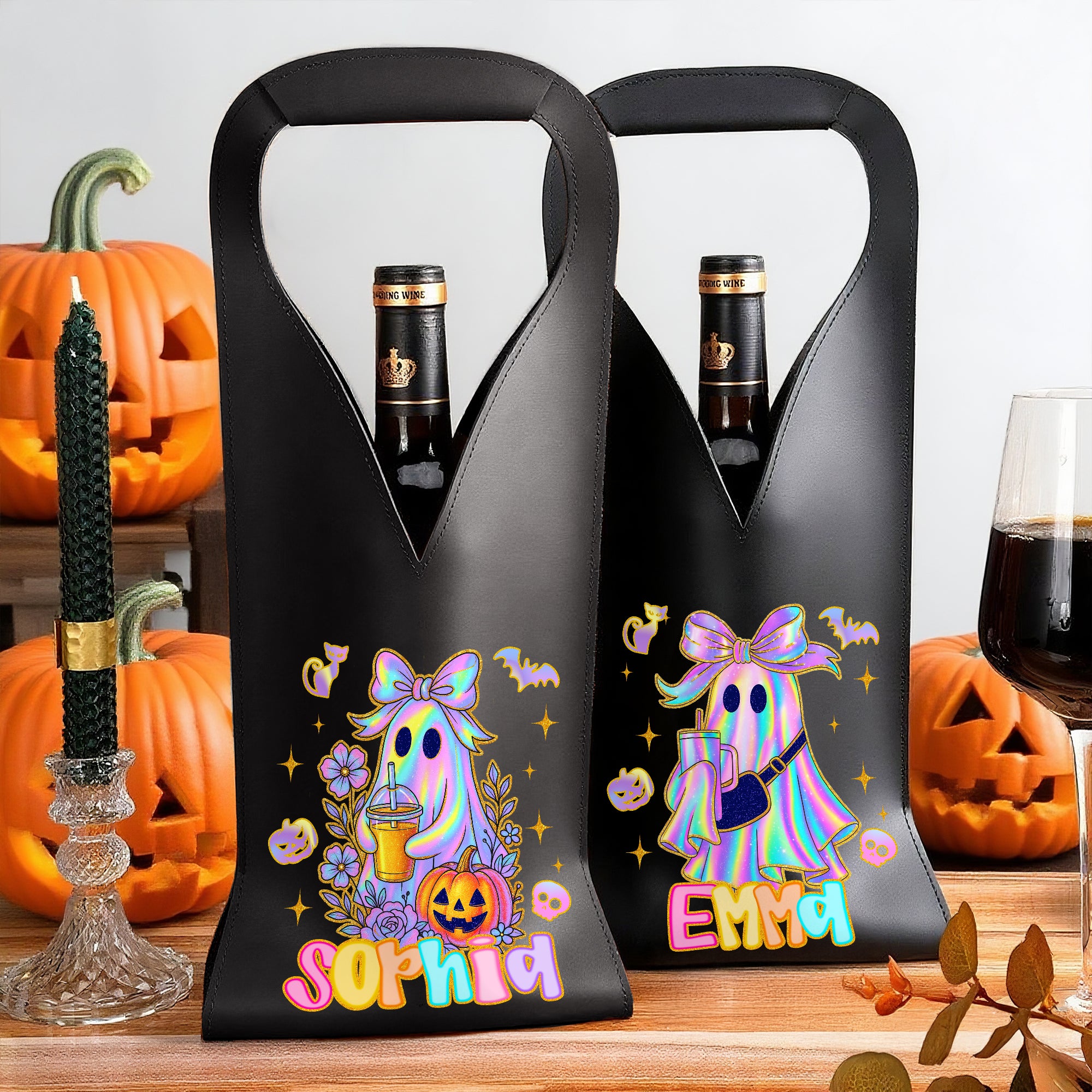 Personalizado lindo arco de dibujos animados fantasma de la PU de cuero bolsa de vino de protección con el nombre de Halloween Fiesta de Regalo para los amantes del vino