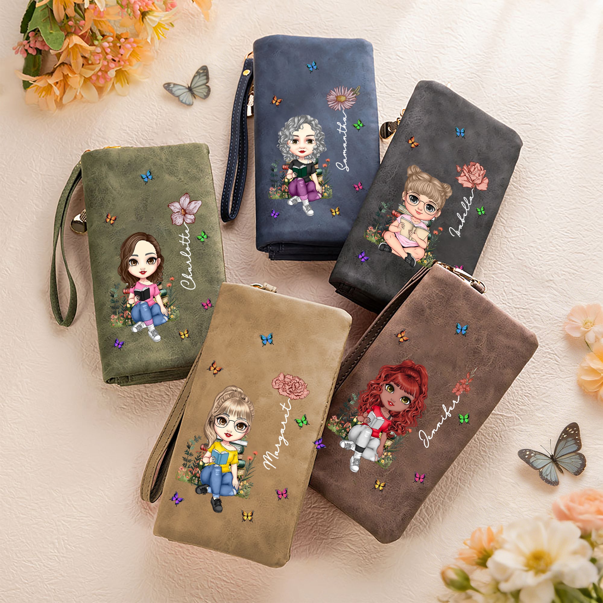 Personalizado Cartoon Personaje Nacimiento Flor Mariposa Billetera con Nombre Uso Diario Regalo de Cumpleaños para Mujeres Amantes de los Libros