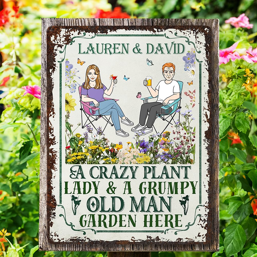 Personalizado Retro Sentado Personajes de dibujos animados Vertical hojalata Señal de metal con nombre Jardín Puerta Decoración Cumpleaños Regalo para la abuela mamá Jardinería Amantes