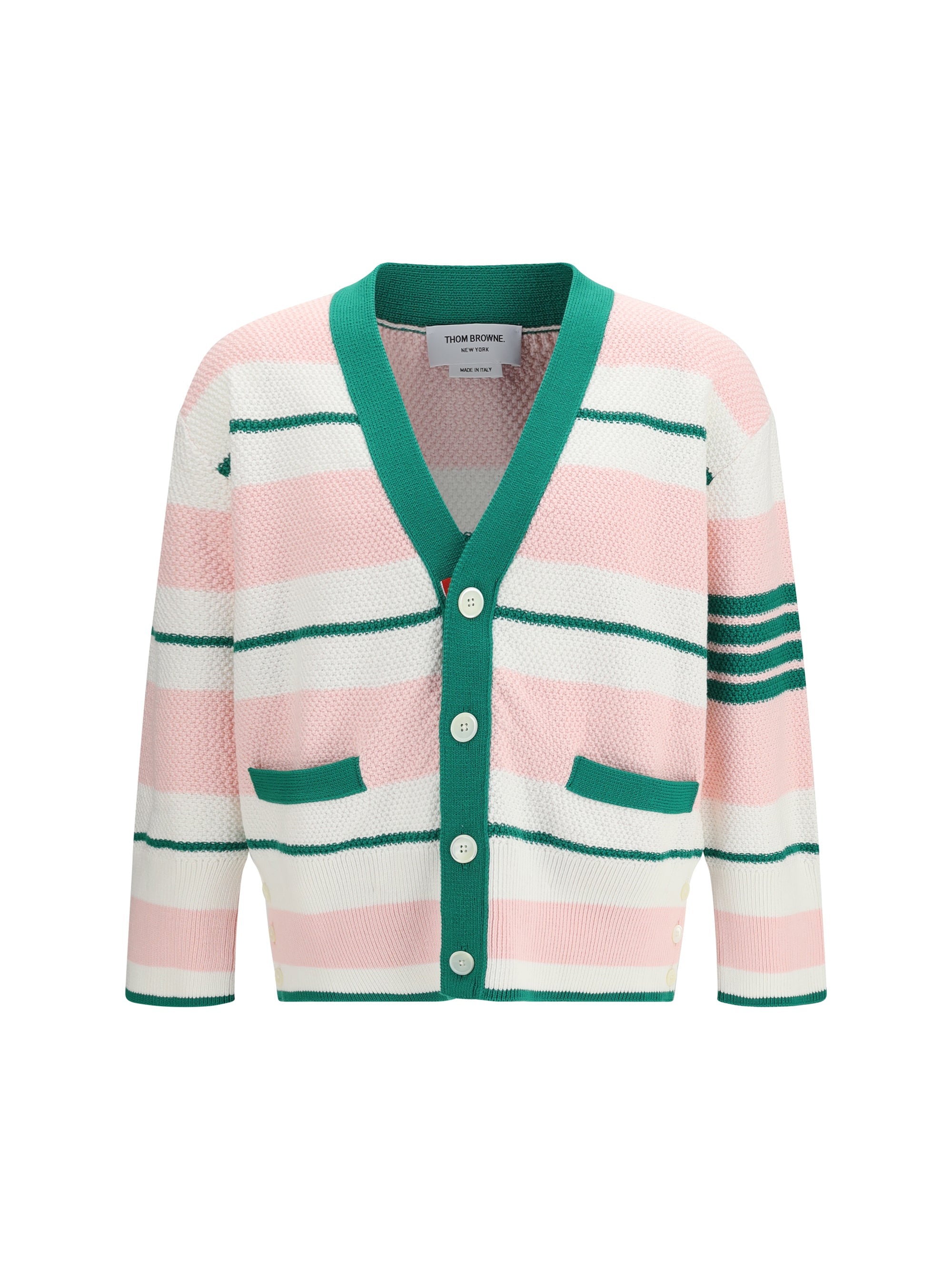 Thom Browne Striped Seed Stitch Cardigan — Pink