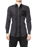 Men's Black Polka Dot Long Sleeves Gold Formal Shirt Cotton Silk