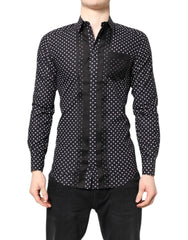 Men's Black Polka Dot Long Sleeves Gold Formal Shirt Cotton Silk