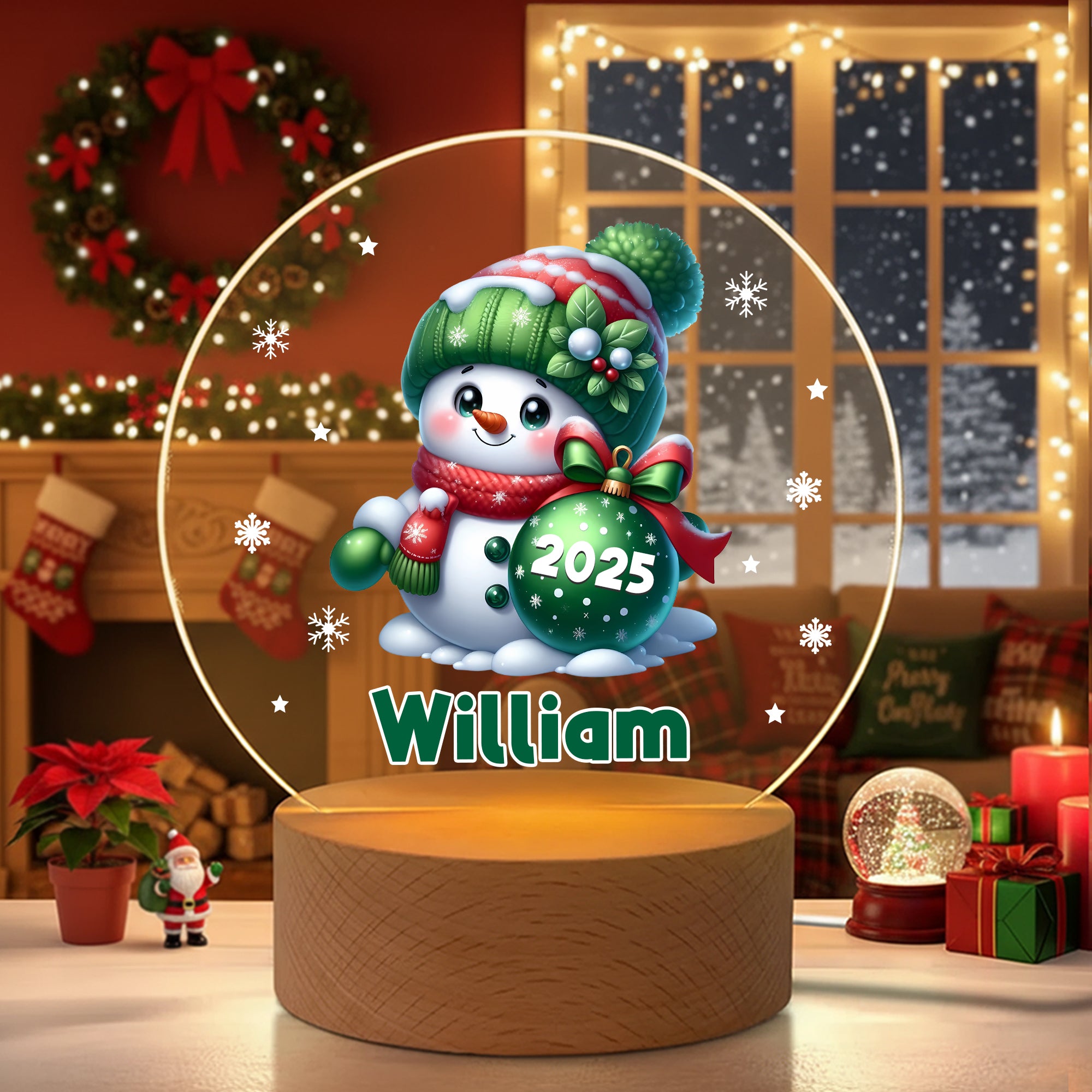 Lindo muñeco de nieve personalizado Copo de nieve LED acrílico Luz nocturna con nombre del año y base de madera Regalo de Navidad para niños