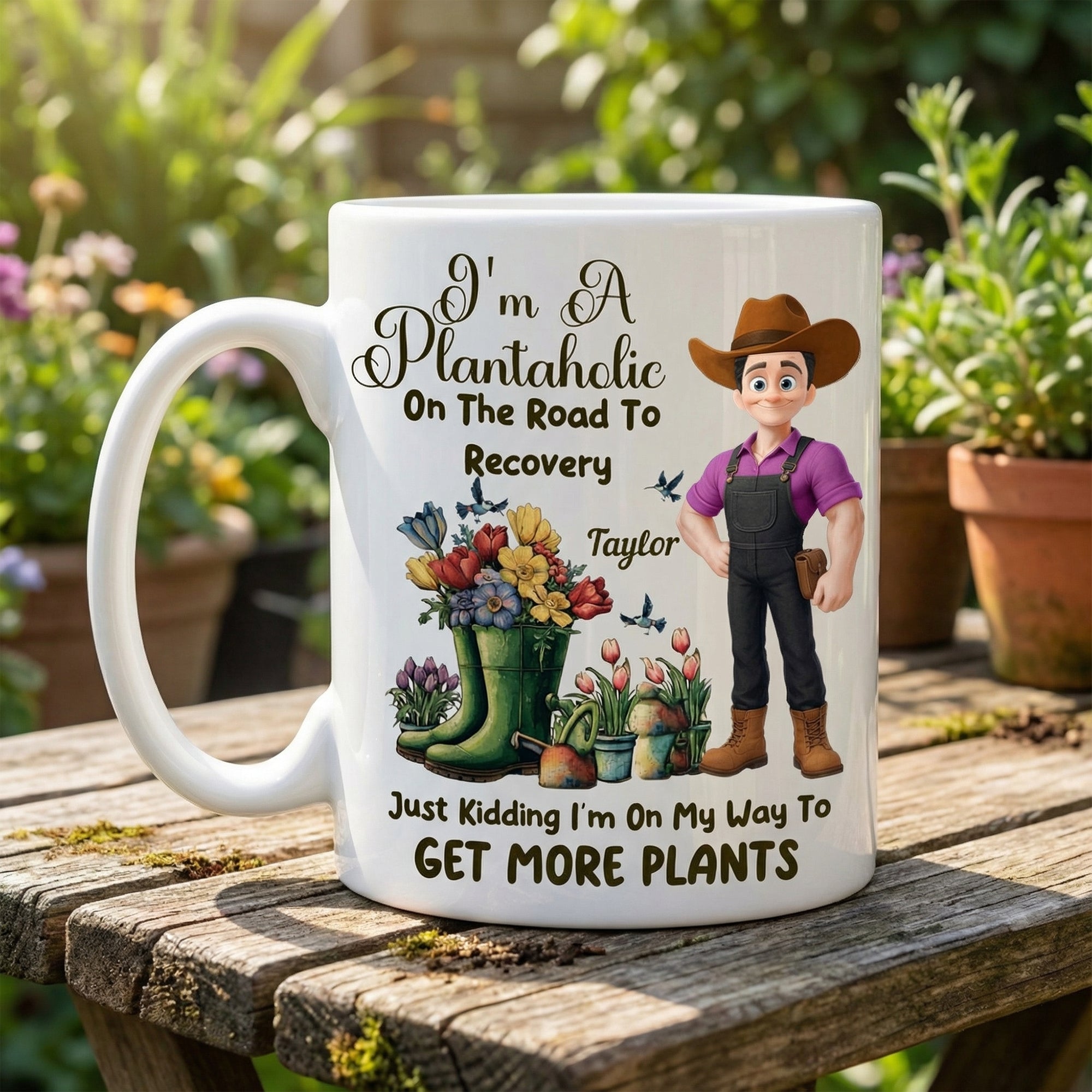 Personalizada Jardín Cartoon Character 11 oz Taza de café de cerámica con el nombre de uso diario Regalo de cumpleaños para los amantes de la jardinería