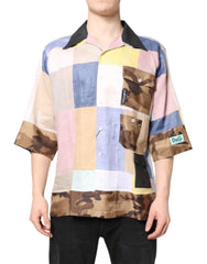 Men's Multicolor Patchwork Short Sleeve Shirt Flax Silk Ramie Virgin Wool