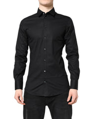 Men's Black Gold Cotton Long Sleeves Dress Shirt Elastane