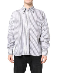 Men's White Black Stripe Button Down Casual Shirt And Cotton