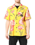 Yellow Floral Men Button Down Casual Shirt Cotton Elastane