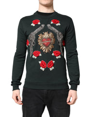 Men's Sacred Heart Floral Embroidery Sweatshirt Black Cotton Sweatshirts