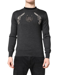 Men's Embroidered Cashmere Crew Neck Sweater Gray Clothing