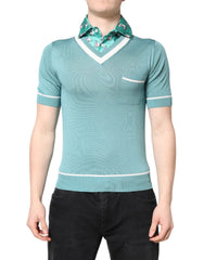 Men's Green Printed Collared Short Sleeve T-Shirt Silk