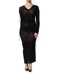 Women's Black Mesh Trim Bodycon Long Sheath Dress Viscose Silk