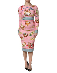 Women's Pink Pastry Print Bodycon Sheath Midi Dress Silk Elastane
