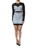 Women's Black Blue Long Sleeves Denim Mini Dress And Nylon Cotton Elastane