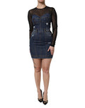 Women's Black Blue Long Sleeves Denim Mini Dress And Cotton Nylon Elastane