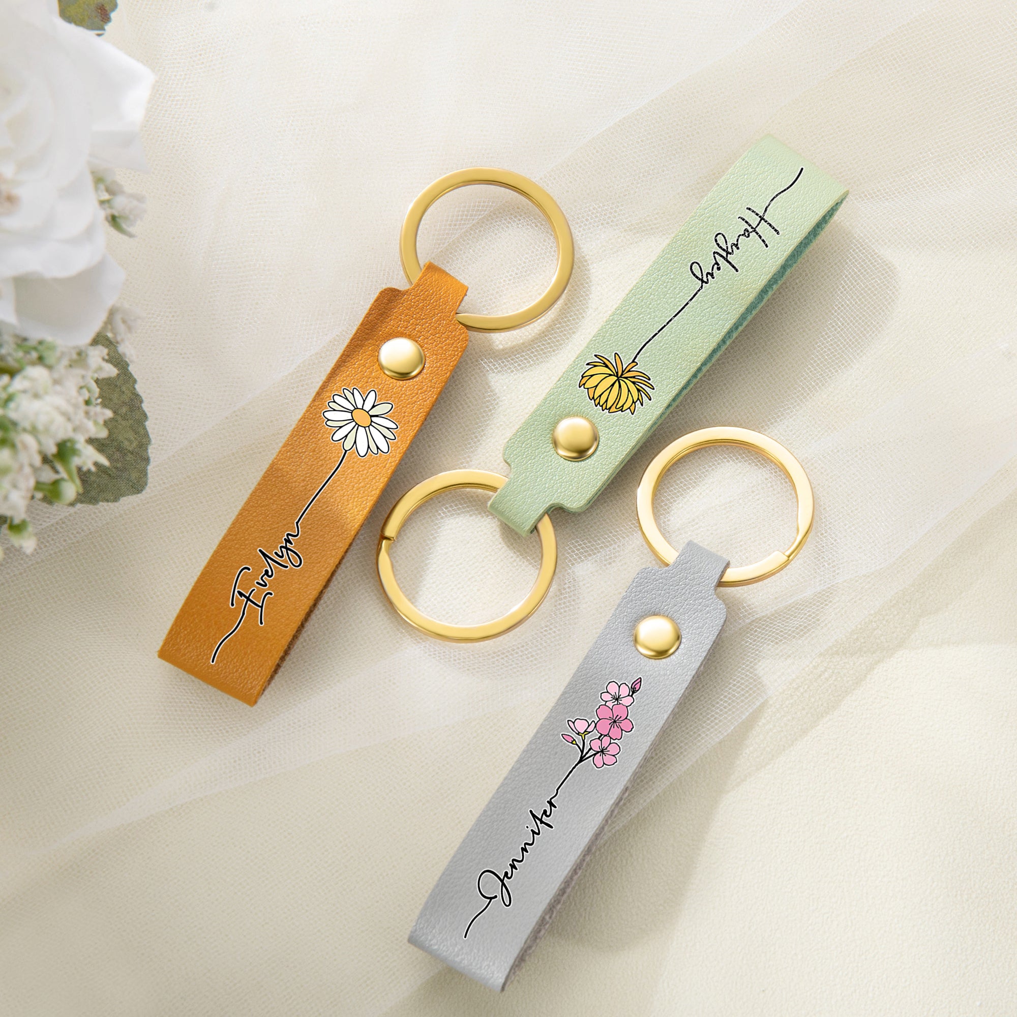Personalizado Multicolor Nacimiento Flor PU Llavero de cuero con nombre Fiesta de boda Propuesta de cumpleaños Regalo para las mujeres