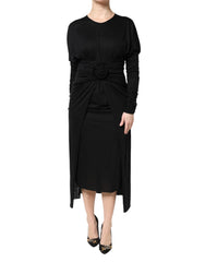 Women's Black Wool Long Sleeves Sheath Midi Dress