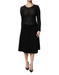 Women's Black Cashmere Long Sleeves A-Line Midi Dress Viscose Polyester