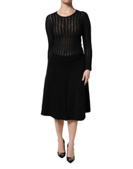 Women's Black Cashmere Long Sleeves A-Line Midi Dress Viscose Polyester