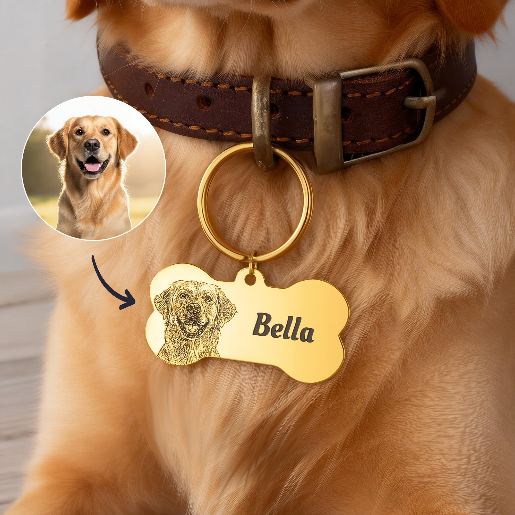 Etiqueta personalizada con nombre de mascota en forma de hueso y diseño fotográfico con texto grabado Regalo de cumpleaños de uso diario para dueños de perros