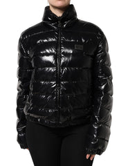 Women's Black Logo Plaque Full Zip Puffer Jacket Nylon Polyurethane Clothing
