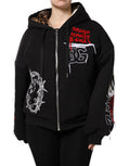 Women's Black Embroidered Full Zip Hooded Jacket Cotton Clothing