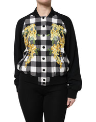 Women's Black White Check Floral Button Down Jacket And Clothing