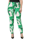 Women's White Green Leaf High Waist Pants Viscose
