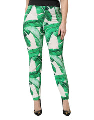 Women's White Green Leaf High Waist Pants Viscose