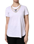 Women's White Chain Pearl Cotton Round Neck T-Shirt