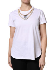 Women's White Chain Pearl Cotton Round Neck T-Shirt