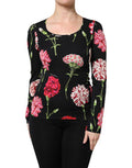 Black Floral Long Sleeve Women Blouse Top Silk Elastane