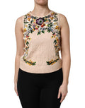 Women's Beige Floral Embroidery Sleeveless Tank Top Cotton Nylon