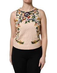 Women's Beige Floral Embroidery Sleeveless Tank Top Cotton Nylon