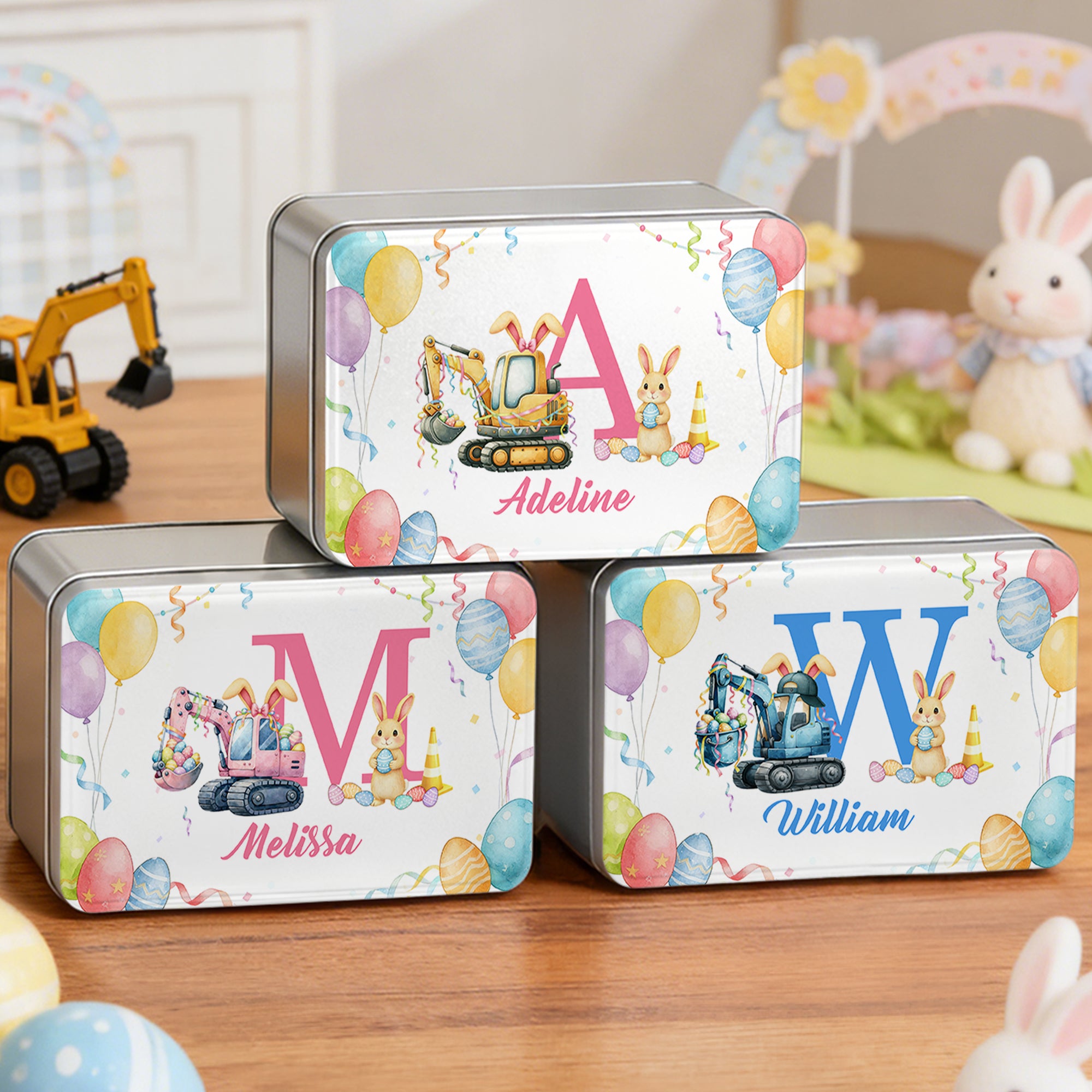 Huevo de Pascua de Conejo de Excavadora Personalizado Caja de metal para guardar galletas con nombre e inicial Regalo de Pascua para niños