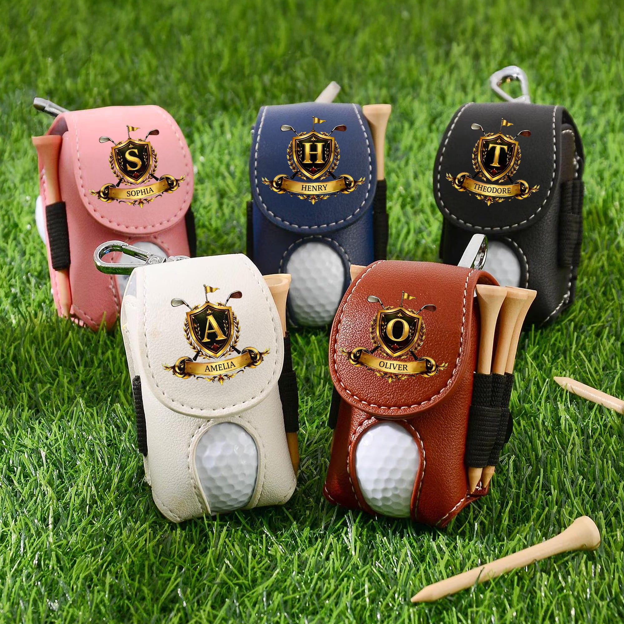 Insignia de golf de oro personalizado inicial de la PU de cuero bolsa de bolas de golf Tee titular con el nombre del club de golf regalo de cumpleaños para los amantes del golf