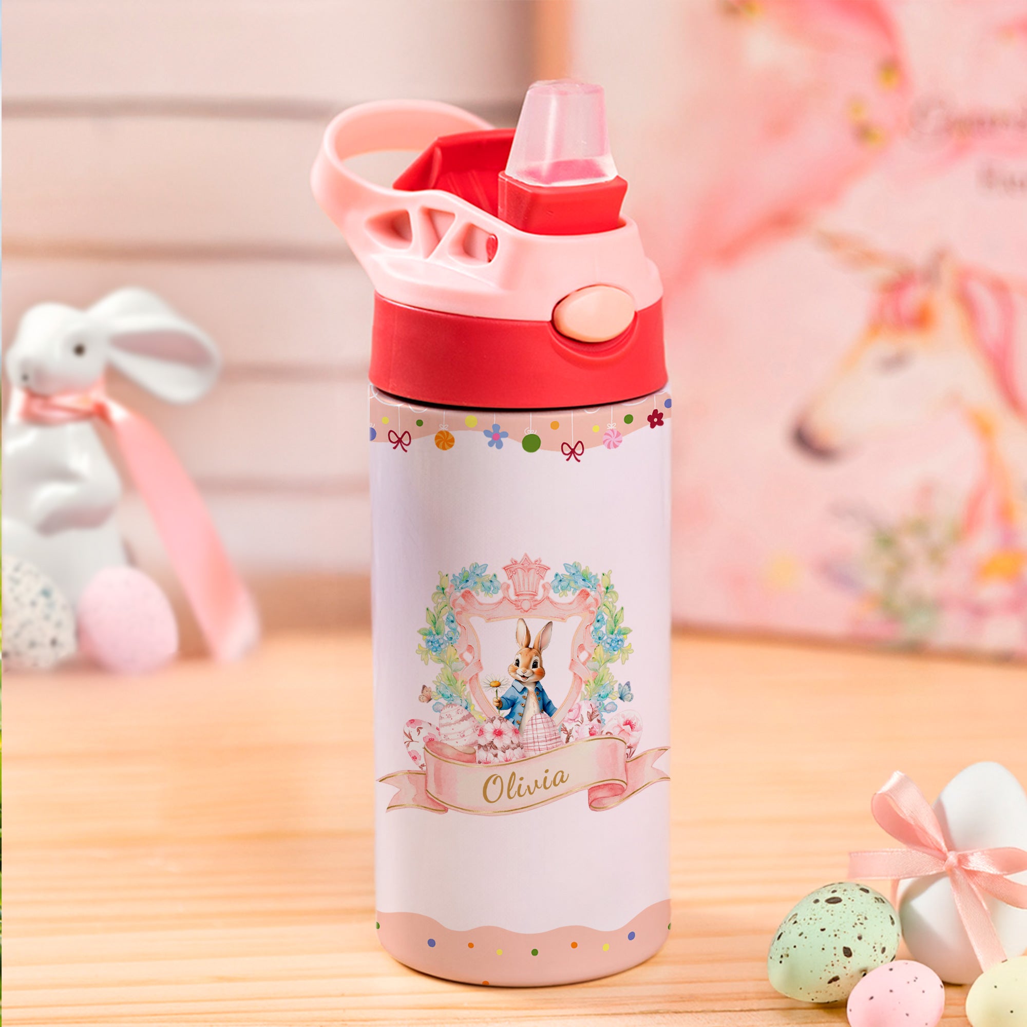 Conejito personalizado Huevos de Pascua Flor 12 oz Botella isotérmica con pajita y tapa antiderrame Regalo de Pascua para niños