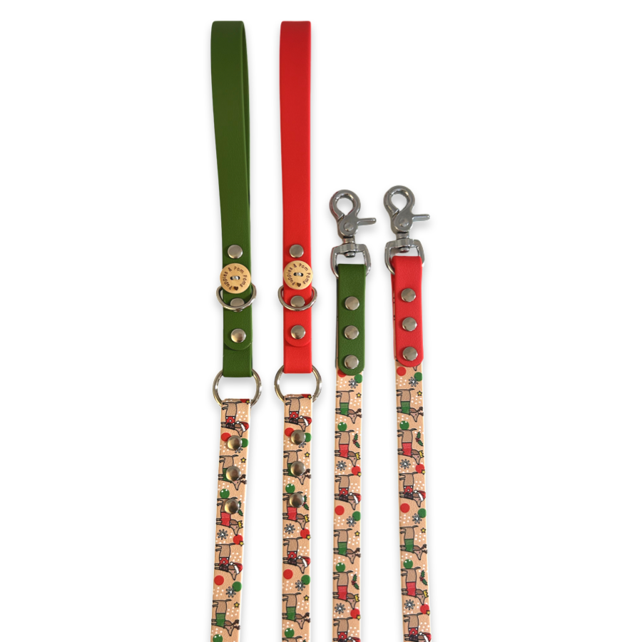 Christmas Dachshunds - Handmade Vegan Leather Dog Leash - Green