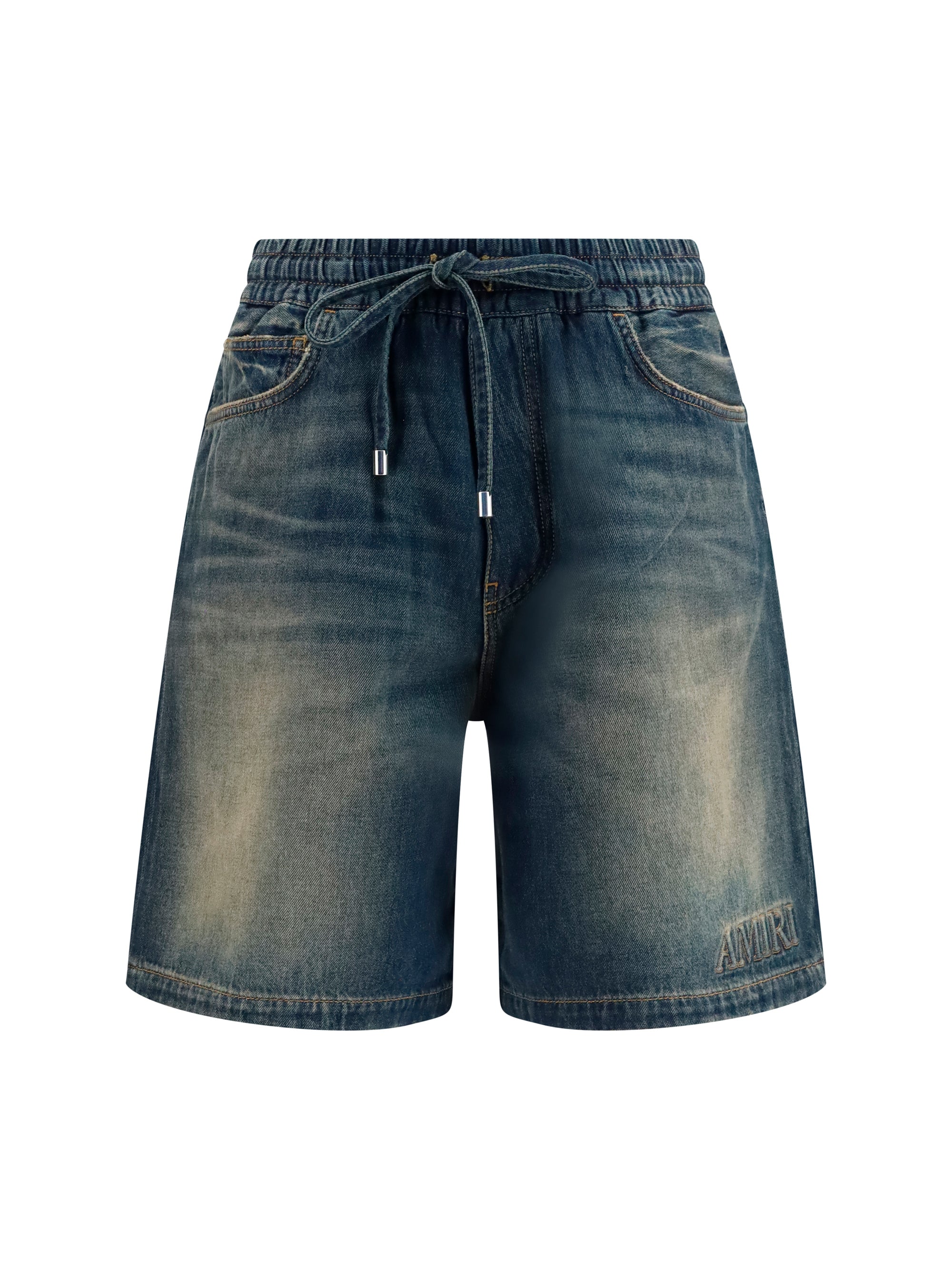 Amiri Drawstring Denim with Sun-Faded Wash Denim Shorts — Blue