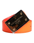 Men's Orange Gold Tone Metal Logo Buckle Belt Calf Leather