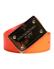Men's Orange Gold Tone Metal Logo Buckle Belt Calf Leather