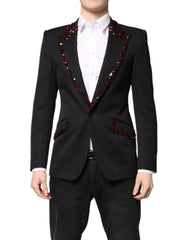 Men's Black Sicilia Crystalembellished Coat Blazer Virgin Wool Silk Polyester Clothing