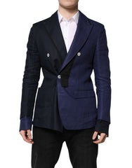 Men's Navy Blue Double Breasted Suit Coat Blazer Flax Virgin Wool Elastane